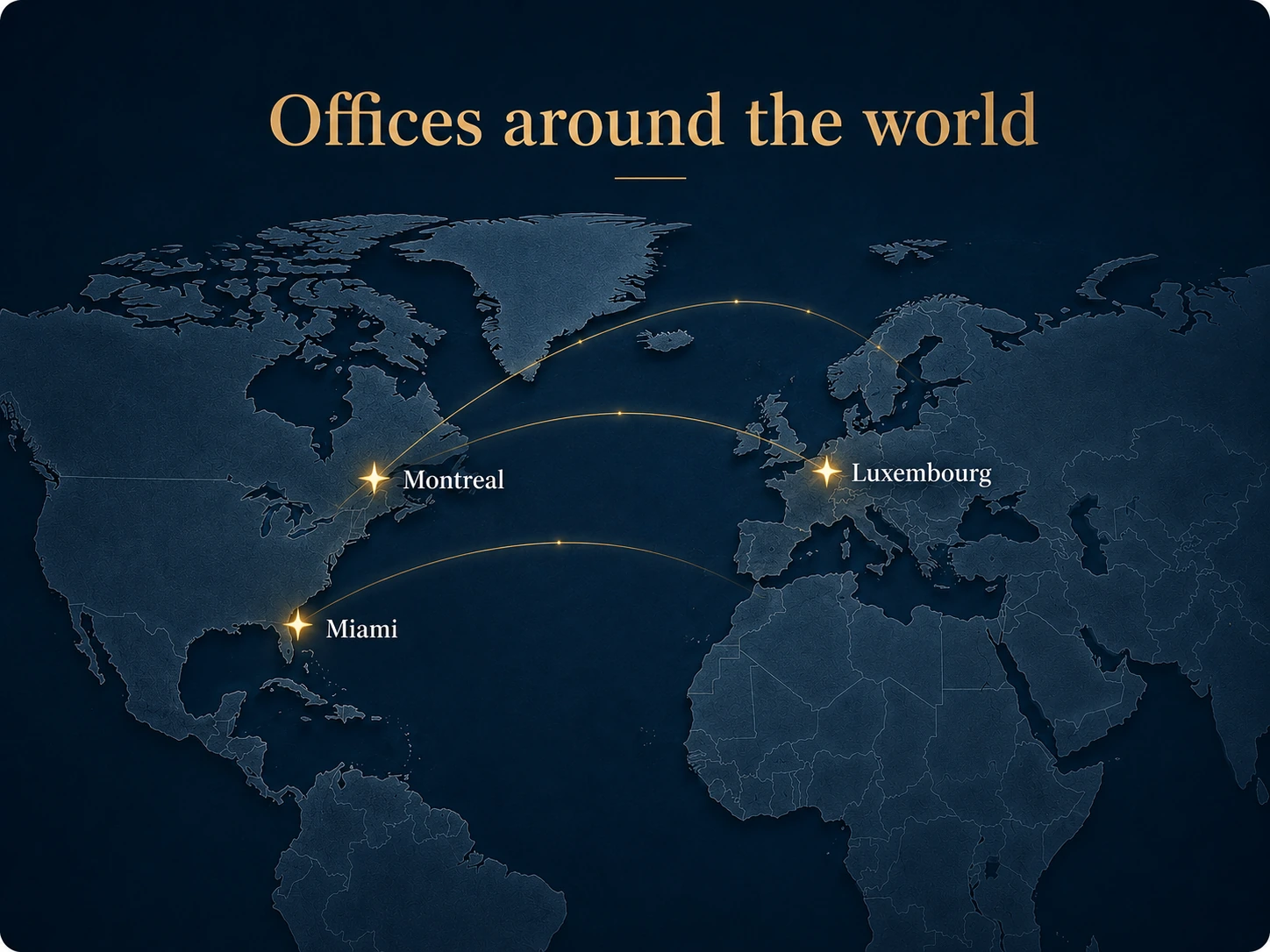 Map showing Luxembourg, Montreal and Miami
